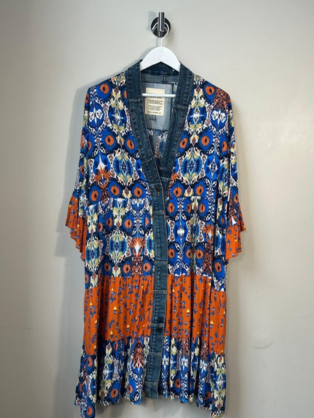 NWT Shannon Passero O/S Boho Ikat Kimono Duster Cardigan Denim Trim Orange Blue - Picture 2 of 6